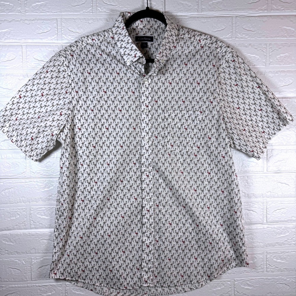 Club Room Button Down Shirt Mens L White Flamingo Print Short Sleeve Cotton